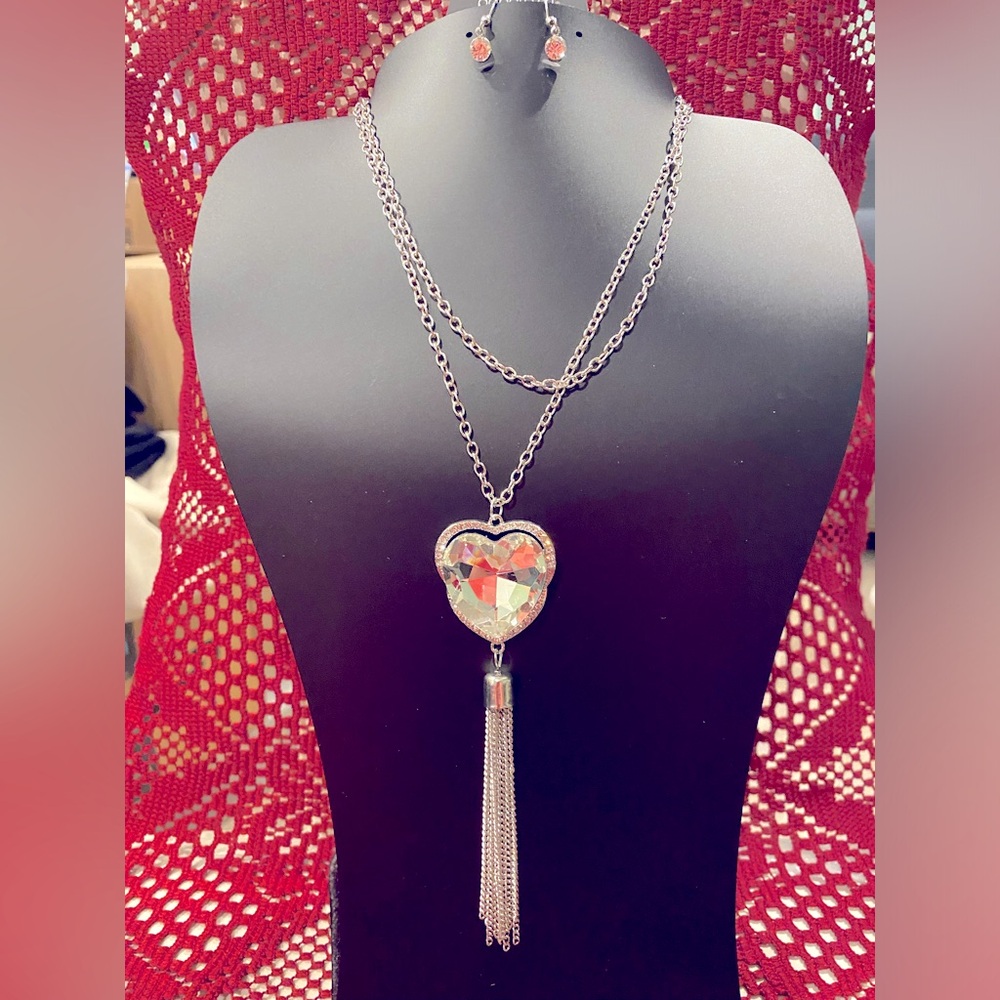 Silver Heart Pendant Necklace with Tassel Set